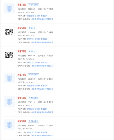 多枚淘宝闪购关联商标通过初审