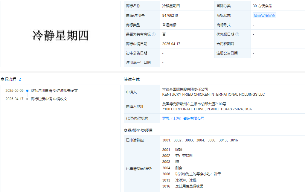 肯德基申请“冷静星期四”商标