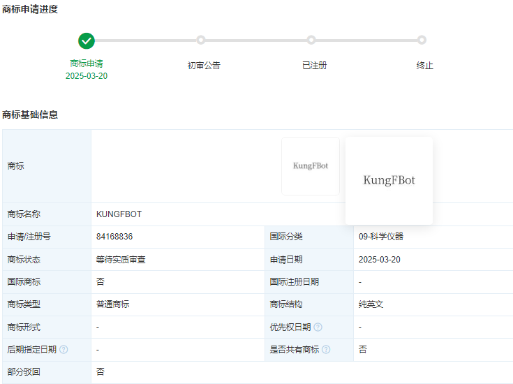 宇树科技申请注册功夫机器人商标
