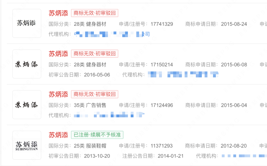 多方曾抢注苏炳添商标被驳回
